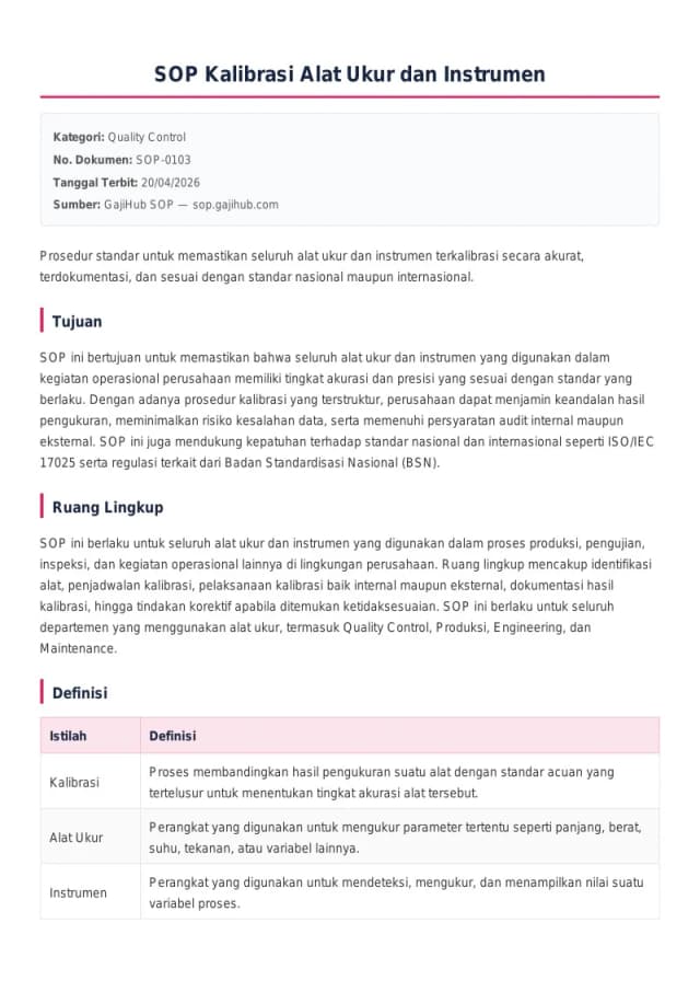 Preview SOP Kalibrasi Alat Ukur dan Instrumen
