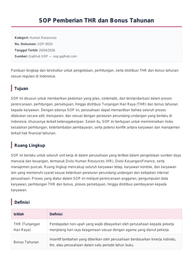 Preview SOP Pemberian THR dan Bonus Tahunan