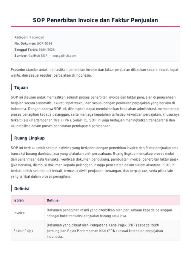 Preview SOP Penerbitan Invoice dan Faktur Penjualan