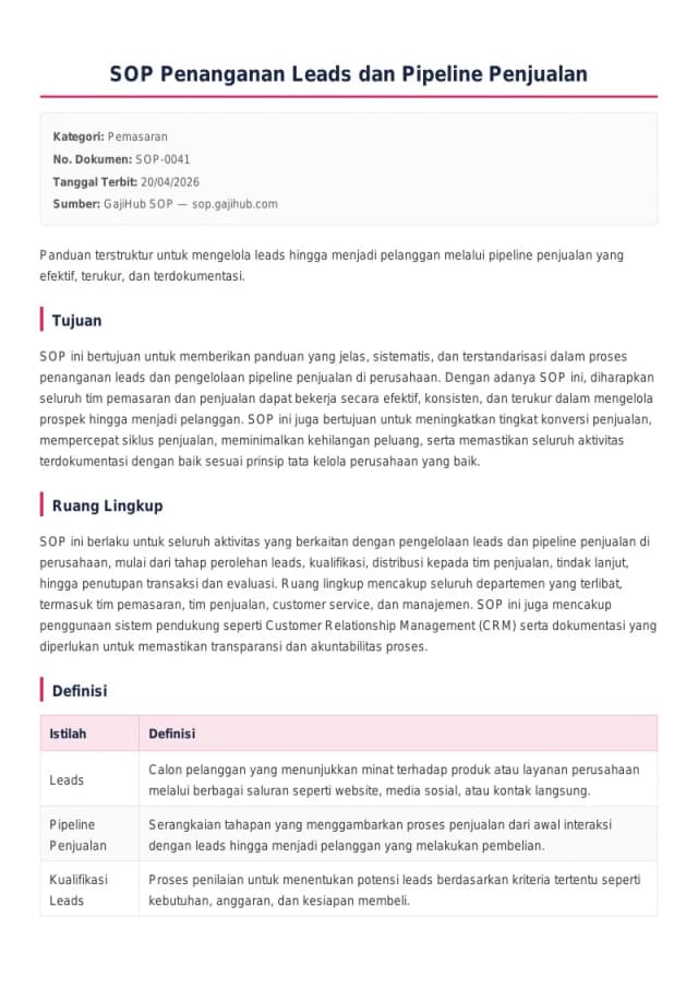 Preview SOP Penanganan Leads dan Pipeline Penjualan
