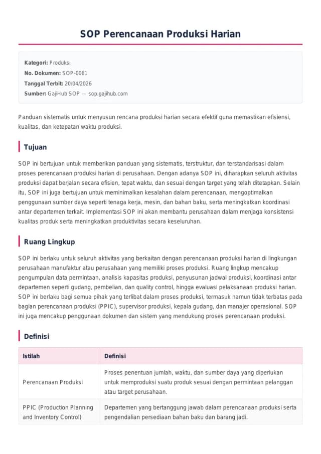 Preview SOP Perencanaan Produksi Harian