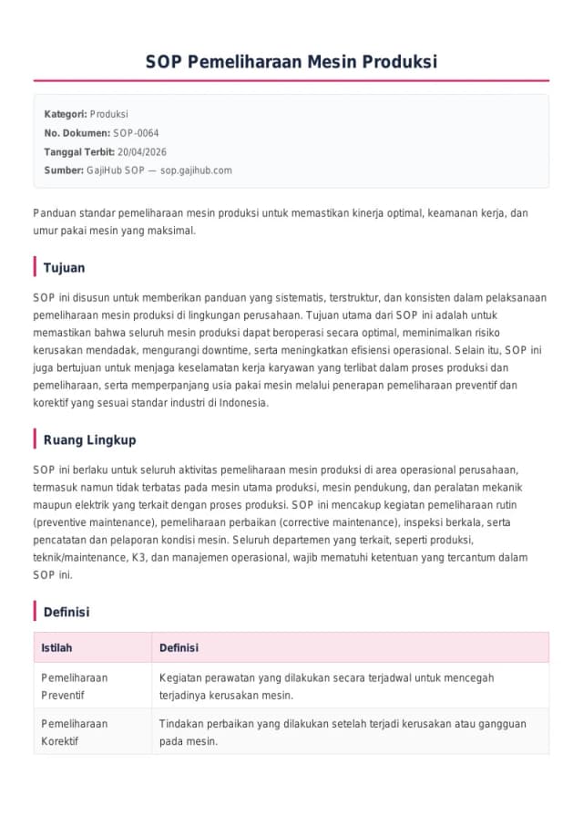 Preview SOP Pemeliharaan Mesin Produksi
