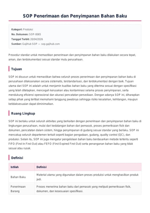 Preview SOP Penerimaan dan Penyimpanan Bahan Baku