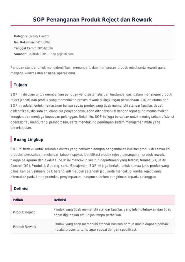 Preview SOP Penanganan Produk Reject dan Rework