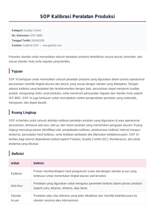Preview SOP Kalibrasi Peralatan Produksi