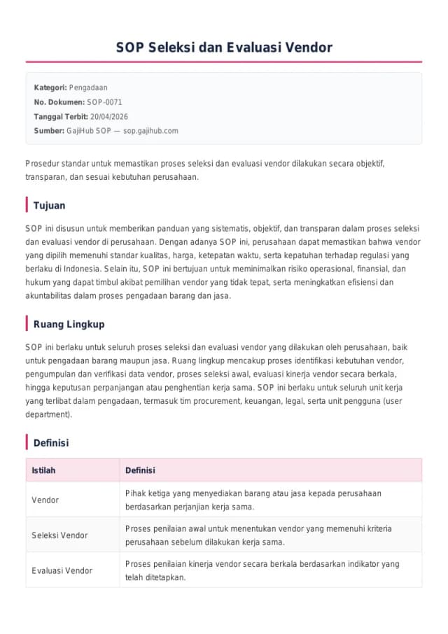 Preview SOP Seleksi dan Evaluasi Vendor
