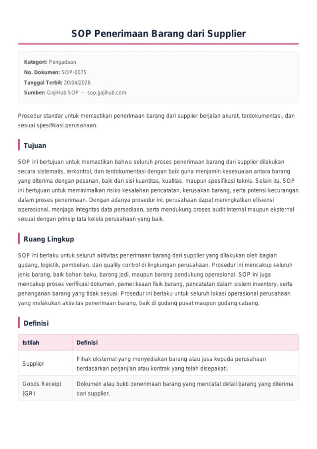 Preview SOP Penerimaan Barang dari Supplier