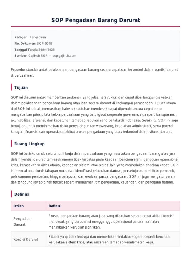 Preview SOP Pengadaan Barang Darurat