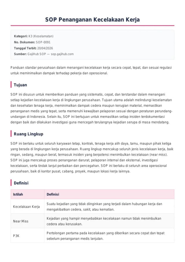 Preview SOP Penanganan Kecelakaan Kerja