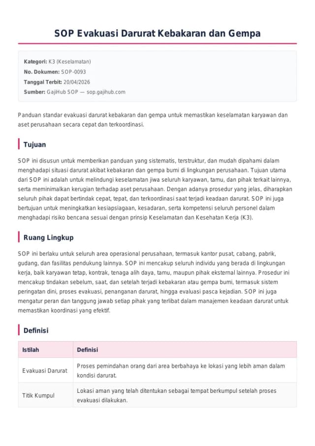 Preview SOP Evakuasi Darurat Kebakaran dan Gempa