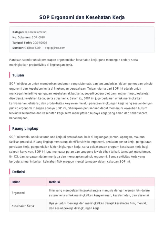 Preview SOP Ergonomi dan Kesehatan Kerja